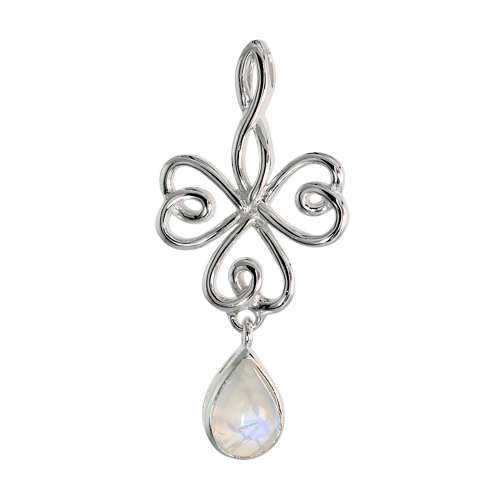 STERLING SILVER GENUINE MOONSTONE CELTIC SHAMROCK PENDANT TEARDROP, 1 1/2 INCH LONG