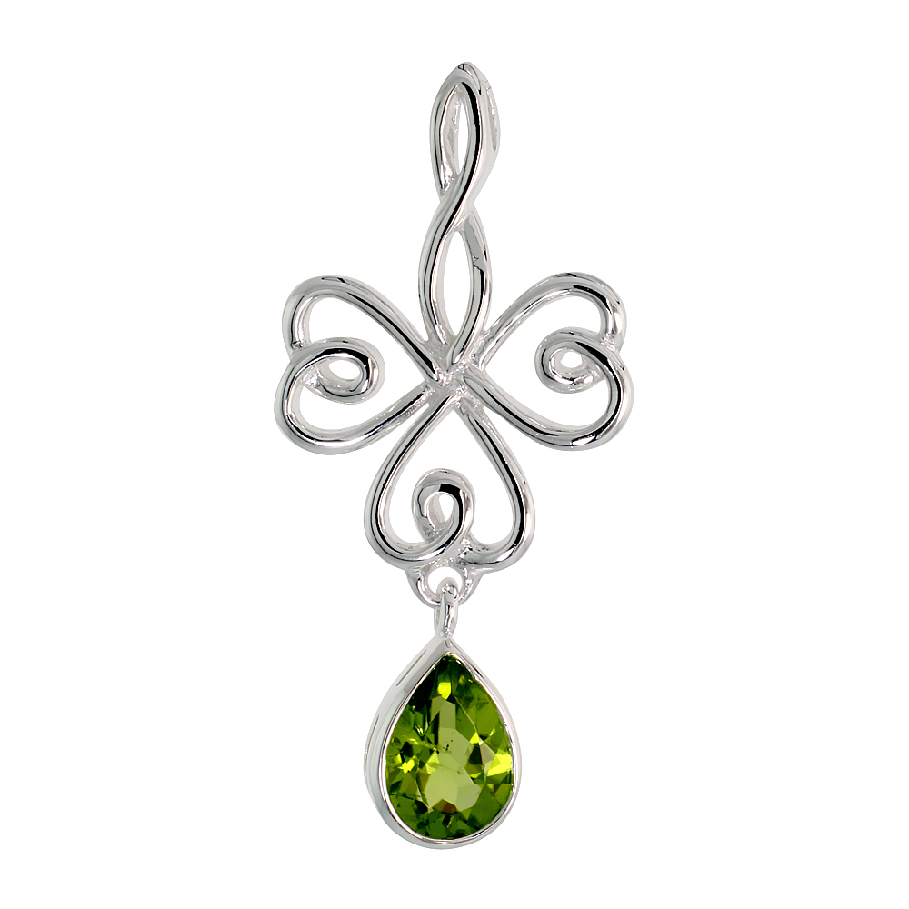 STERLING SILVER GENUINE PERIDOT CELTIC SHAMROCK PENDANT TEARDROP, 1 1/2 INCH LONG