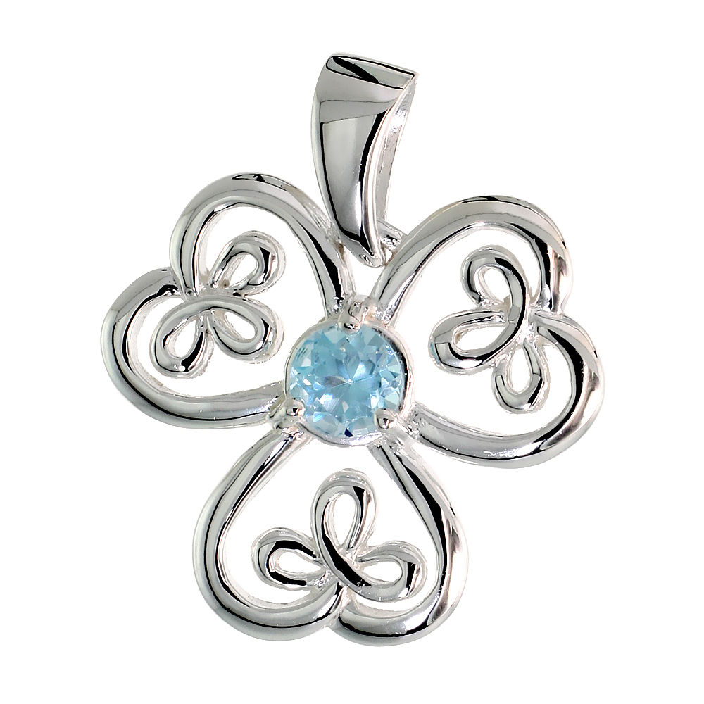 STERLING SILVER GENUINE BLUE TOPAZ CELTIC SHAMROCK PENDANT LARGE, 1 INCH LONG