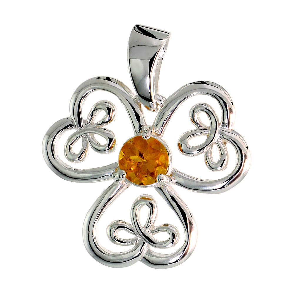 STERLING SILVER GENUINE CITRINE CELTIC SHAMROCK PENDANT LARGE, 1 INCH LONG