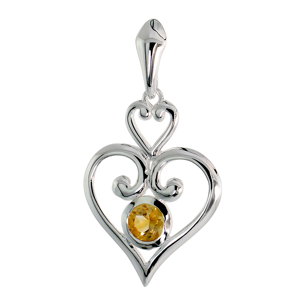 STERLING SILVER GENUINE CITRINE SCROLL HEART PENDANT, 1 1/4 INCH LONG