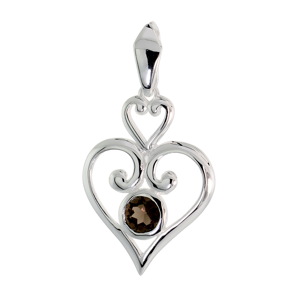 STERLING SILVER GENUINE SMOKY TOPAZ SCROLL HEART PENDANT, 1 1/4 INCH LONG