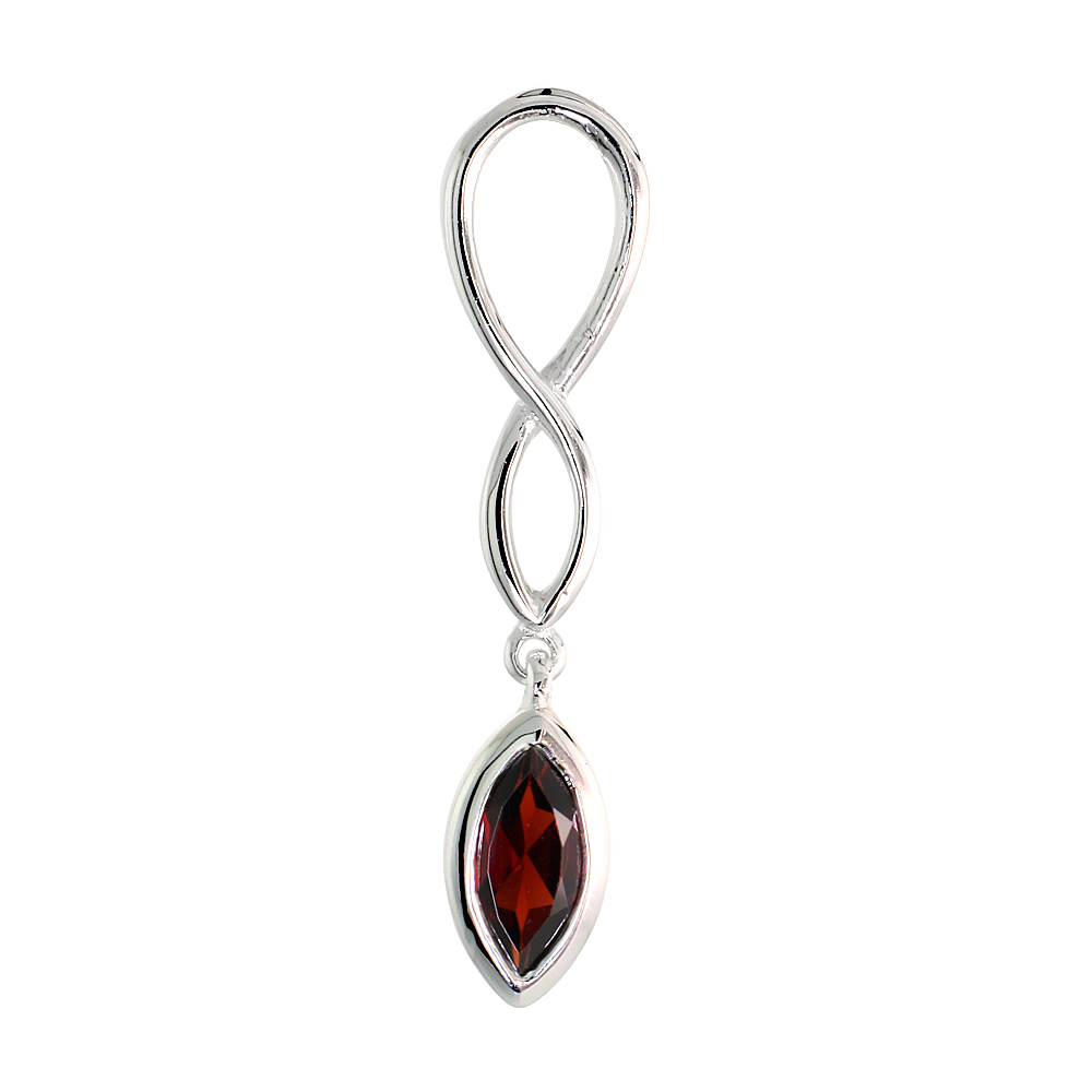 STERLING SILVER GENUINE GARNET INFINITY SYMBOL PENDANT TEARDROP, 1 1/2 INCH LONG