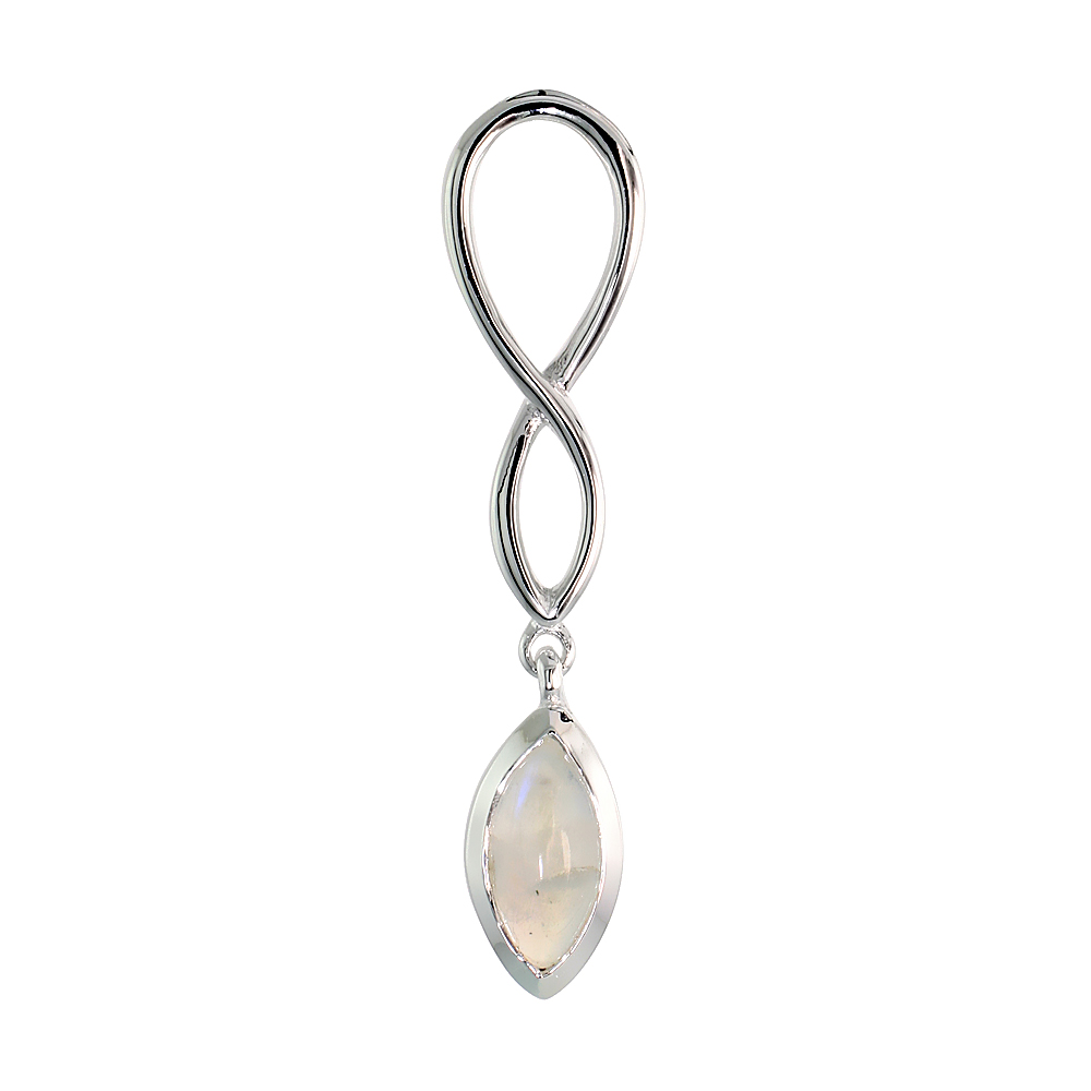 STERLING SILVER GENUINE MOONSTONE INFINITY SYMBOL PENDANT TEARDROP, 1 1/2 INCH LONG