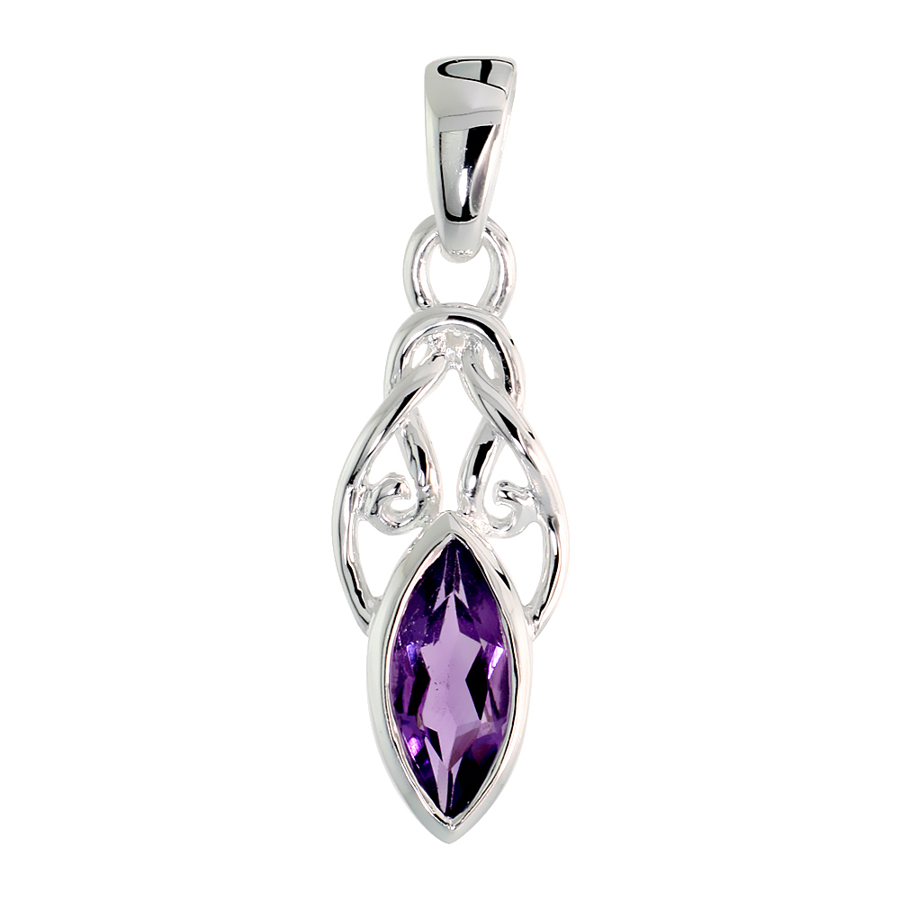 STERLING SILVER GENUINE MARQUISE AMETHYST KNOT PENDANT, 1 1/16 INCH LONG