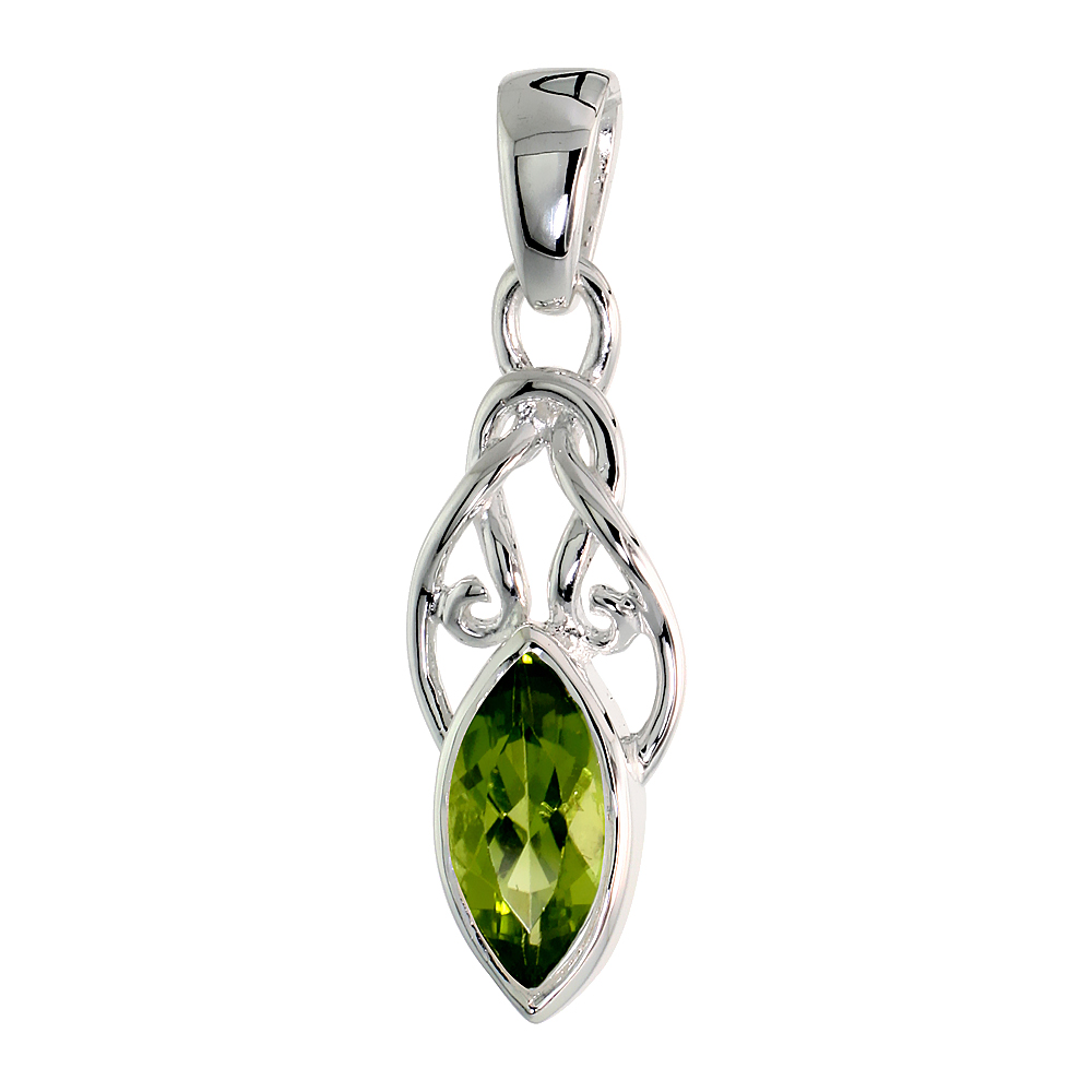 STERLING SILVER GENUINE MARQUISE PERIDOT KNOT PENDANT, 1 1/16 INCH LONG