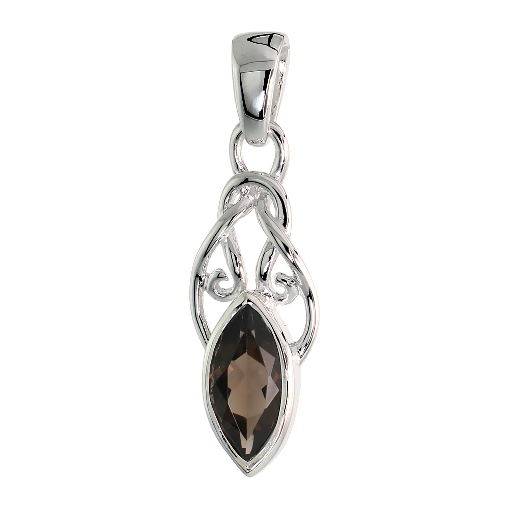 STERLING SILVER GENUINE MARQUISE SMOKY TOPAZ KNOT PENDANT, 1 1/16 INCH LONG