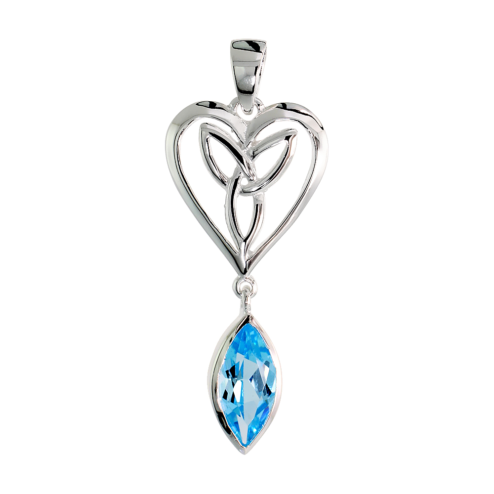 STERLING SILVER GENUINE BLUE TOPAZ TRIQUETRA PENDANT CELTIC HEART, 1 1/4 INCH LONG