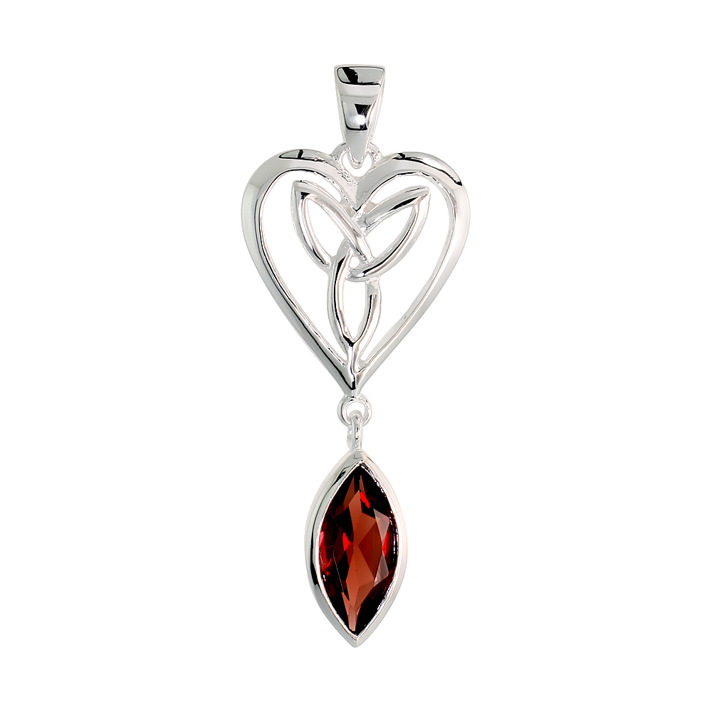 STERLING SILVER GENUINE GARNET TRIQUETRA PENDANT CELTIC HEART, 1 1/4 INCH LONG
