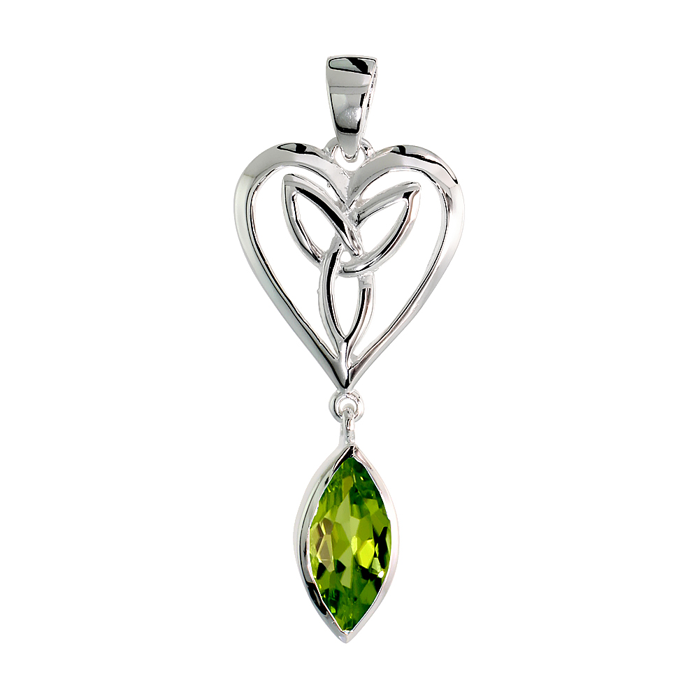 STERLING SILVER GENUINE PERIDOT TRIQUETRA PENDANT CELTIC HEART, 1 1/4 INCH LONG