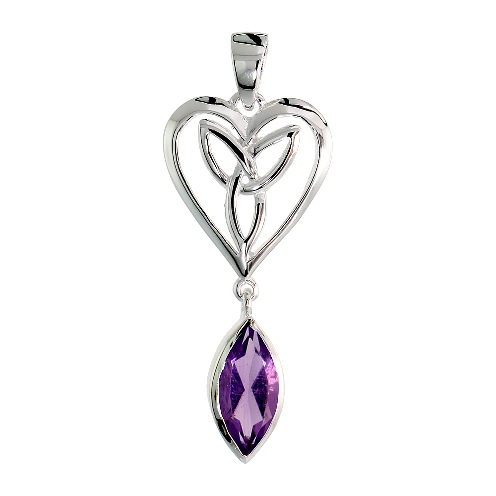 Sterling Silver Genuine Amethyst Triquetra Pendant Celtic Heart, 1 1/4 inch long