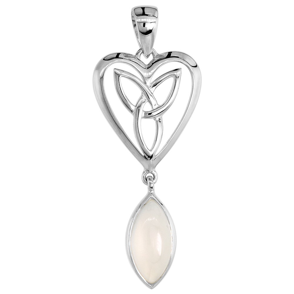 Sterling Silver Genuine Moonstone Triquetra Pendant Celtic Heart, 1 1/4 inch long