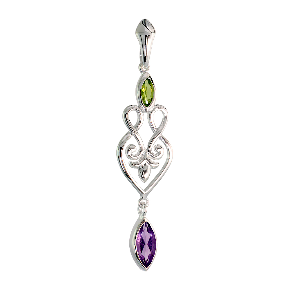 STERLING SILVER GENUINE BLUE TOPAZ AMETHYST SCROLL HEART PENDANT, 2 1/16 INCH LONG