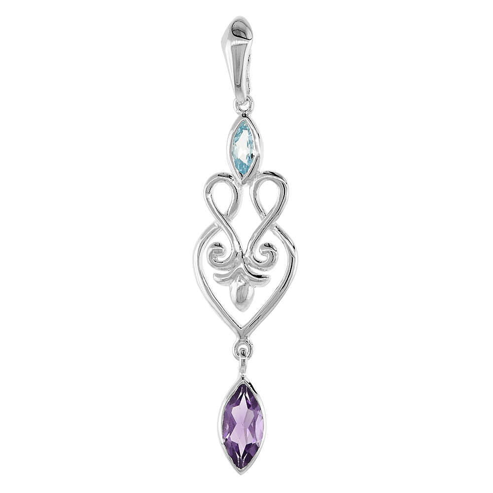 STERLING SILVER GENUINE AMETHYST BLUE TOPAZ SCROLL HEART PENDANT, 2 1/16 INCH LONG