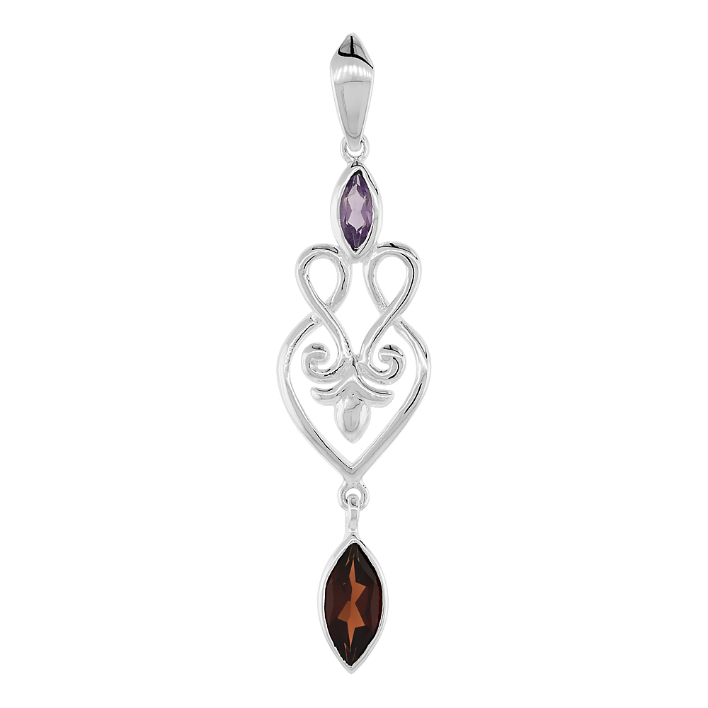 STERLING SILVER GENUINE SMOKY TOPAZ AMETHYST SCROLL HEART PENDANT, 2 1/16 INCH LONG