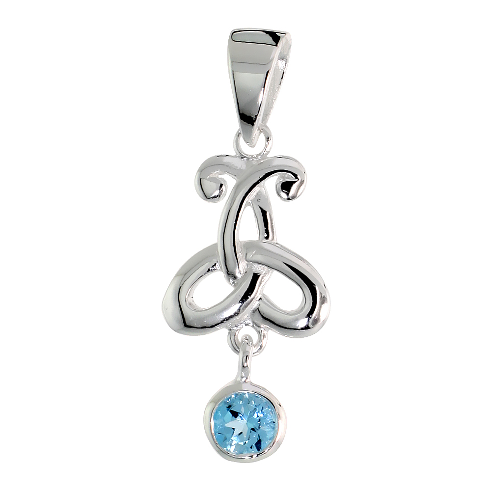 STERLING SILVER GENUINE BLUE TOPAZ TRIQUETRA PENDANT CELTIC TRINITY KNOT, 1 1/16 INCH LONG