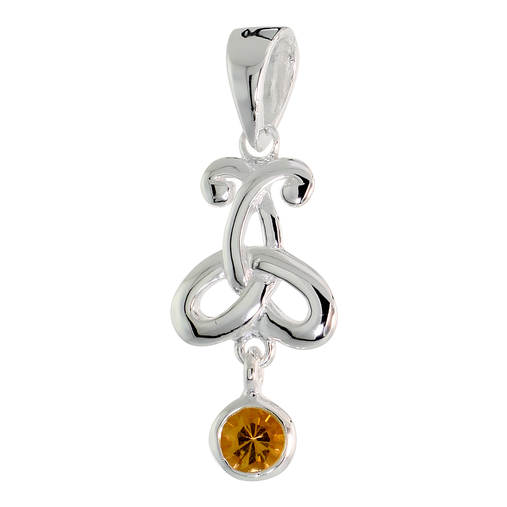 STERLING SILVER GENUINE CITRINE TRIQUETRA PENDANT CELTIC TRINITY KNOT, 1 1/16 INCH LONG