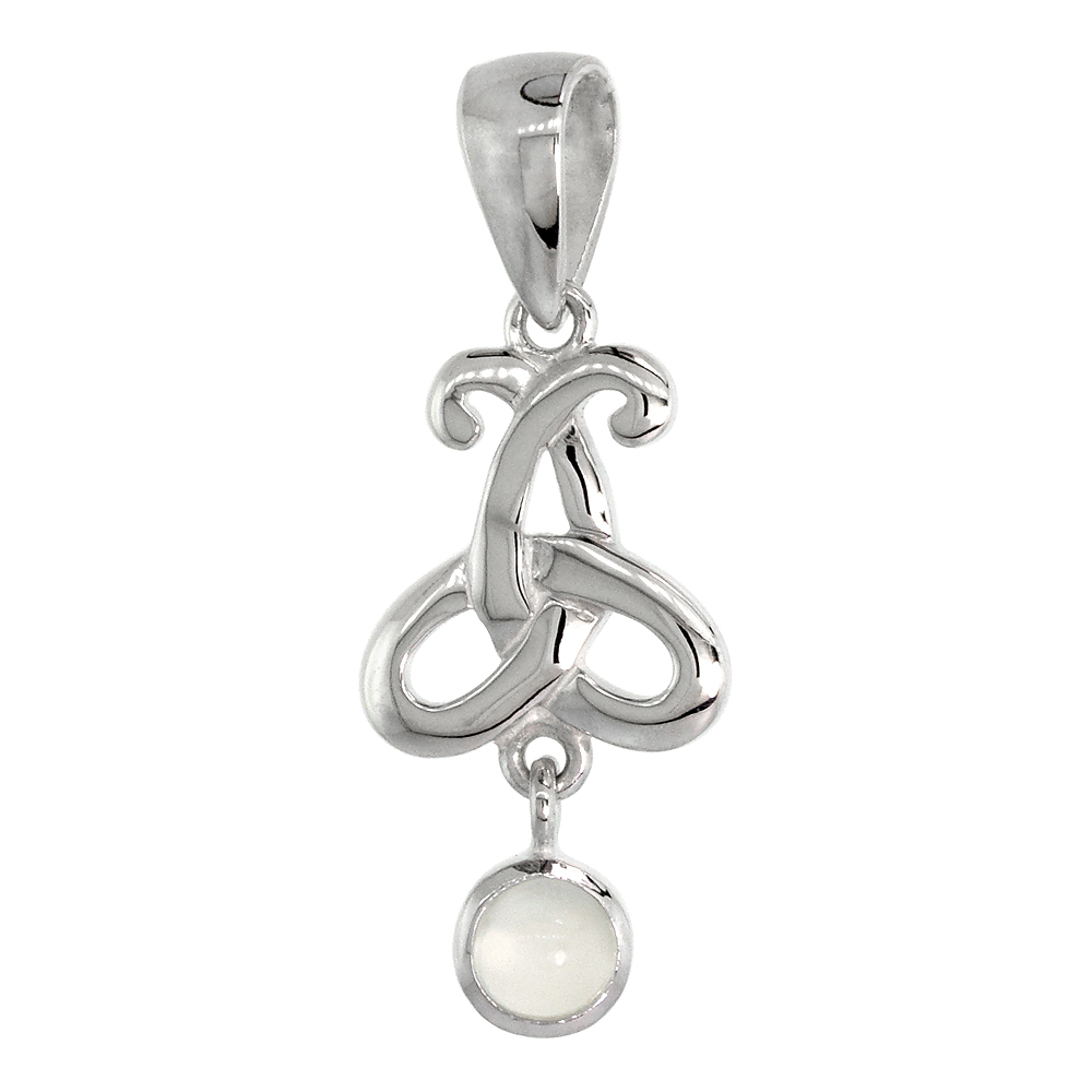 STERLING SILVER GENUINE MOONSTONE TRIQUETRA PENDANT CELTIC TRINITY KNOT, 1 1/16 INCH LONG