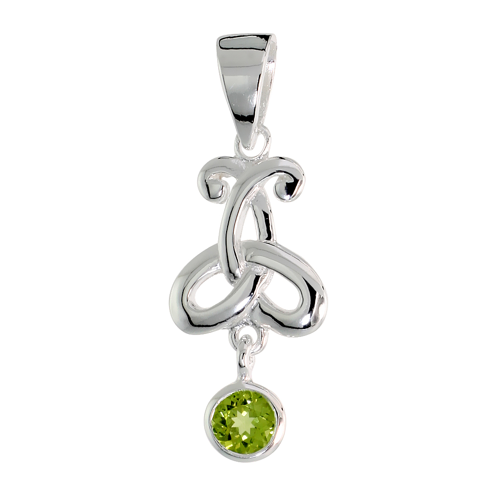 STERLING SILVER GENUINE PERIDOT TRIQUETRA PENDANT CELTIC TRINITY KNOT, 1 1/16 INCH LONG