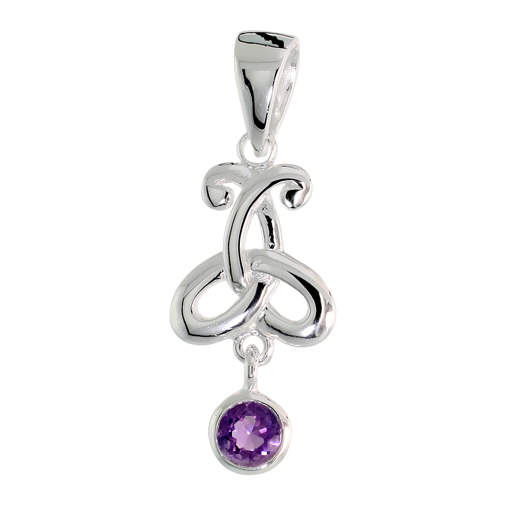 Sterling Silver Genuine Amethyst Triquetra Pendant Celtic Trinity Knot, 1 1/16 inch long