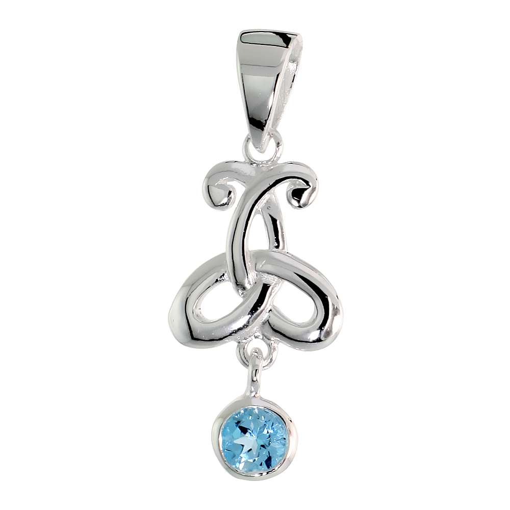 Sterling Silver Genuine Blue Topaz Triquetra Pendant Celtic Trinity Knot, 1 1/16 inch long