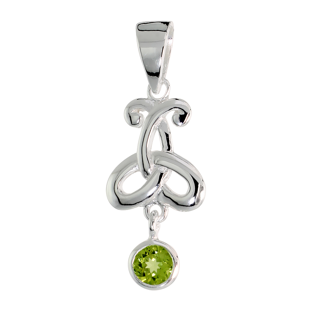 Sterling Silver Genuine Peridot Triquetra Pendant Celtic Trinity Knot, 1 1/16 inch long