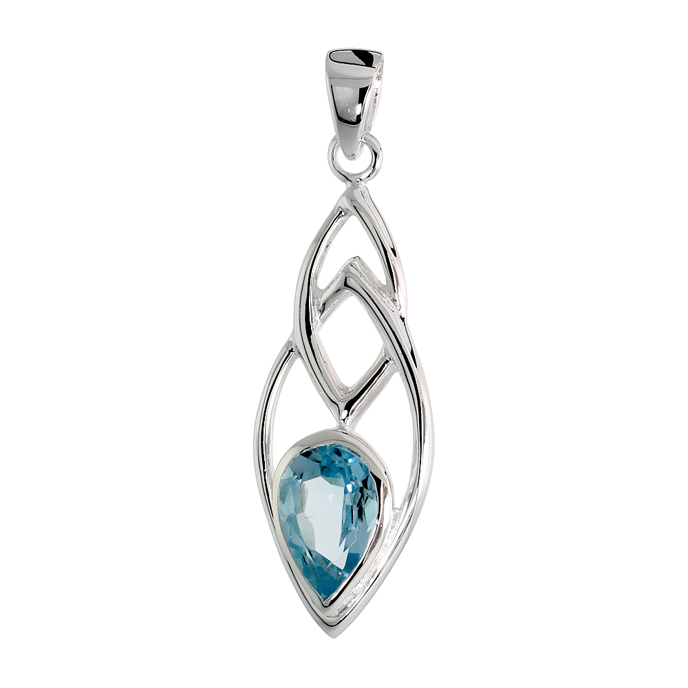 STERLING SILVER GENUINE BLUE TOPAZ TEARDROP PENDANT, 1 1/2 INCH LONG