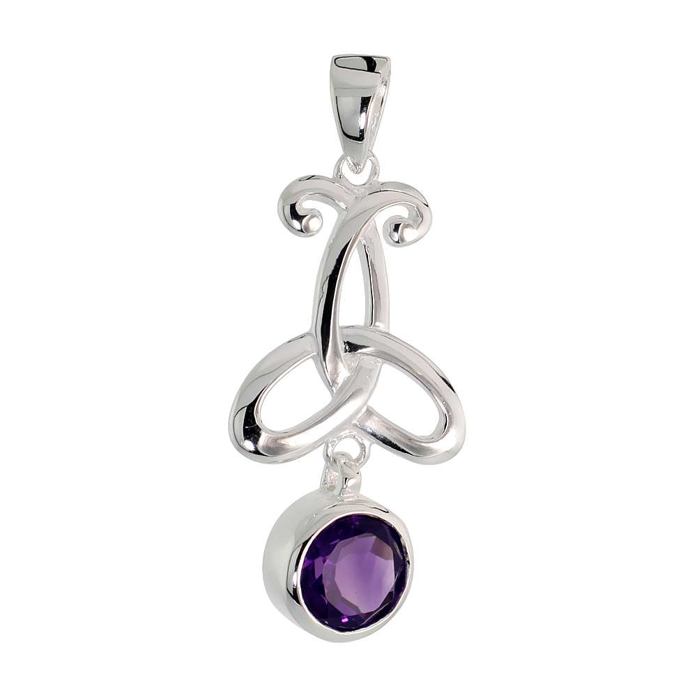 STERLING SILVER GENUINE AMETHYST TRIQUETRA PENDANT CELTIC TRINITY KNOT, 1 1/2 INCH LONG