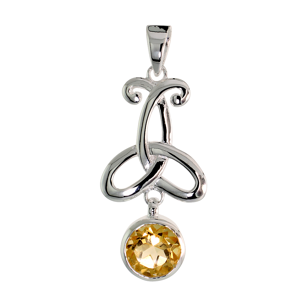 STERLING SILVER GENUINE CITRINE TRIQUETRA PENDANT CELTIC TRINITY KNOT, 1 1/2 INCH LONG
