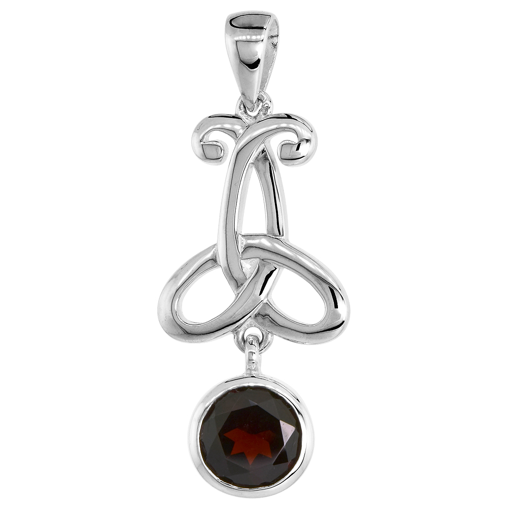 STERLING SILVER GENUINE GARNET TRIQUETRA PENDANT CELTIC TRINITY KNOT, 1 1/2 INCH LONG