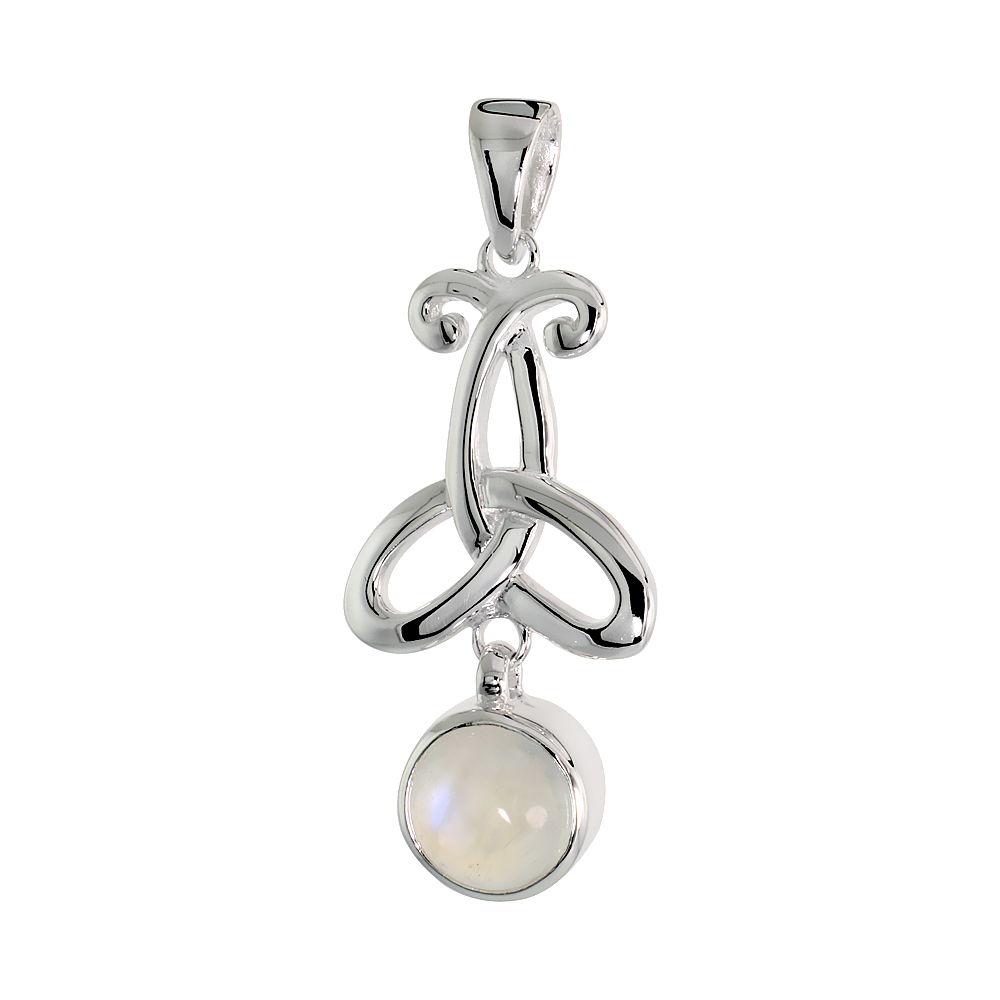 STERLING SILVER GENUINE MOONSTONE TRIQUETRA PENDANT CELTIC TRINITY KNOT, 1 1/2 INCH LONG