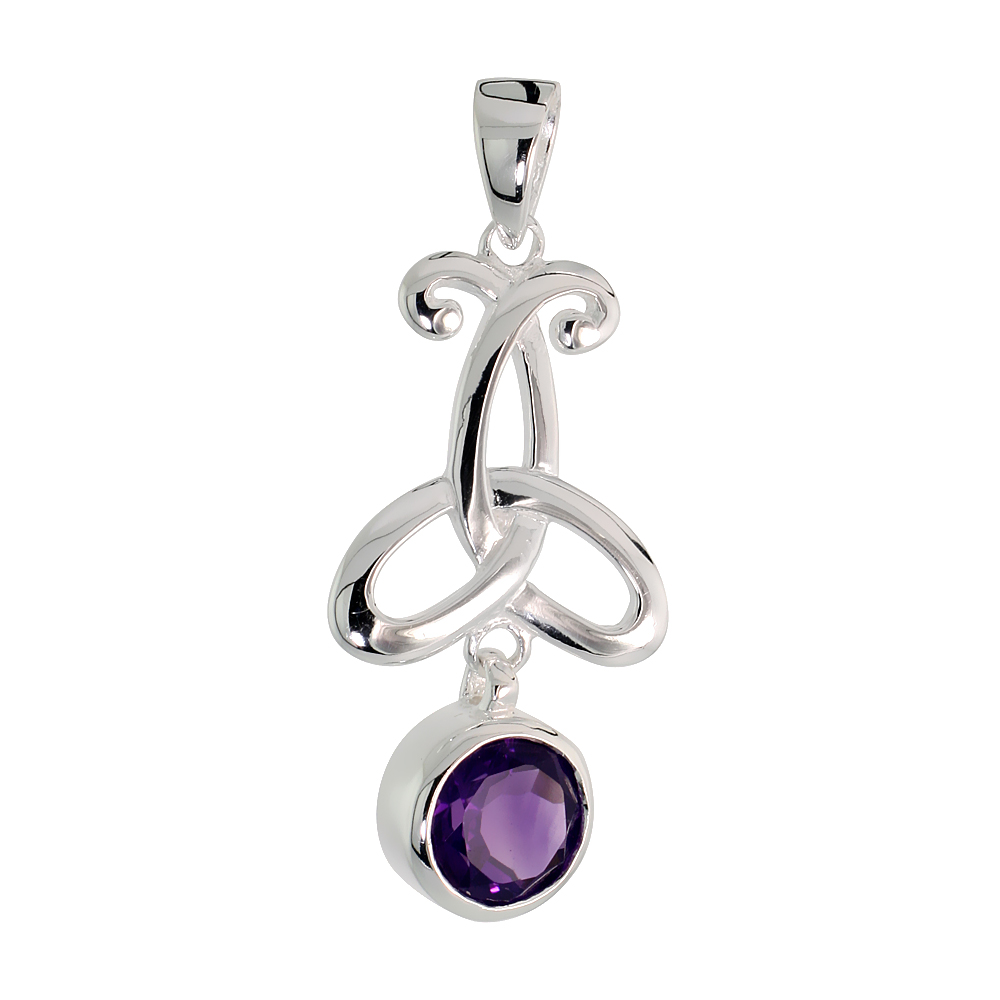 Sterling Silver Genuine Amethyst Triquetra Pendant Celtic Trinity Knot, 1 1/2 inch long