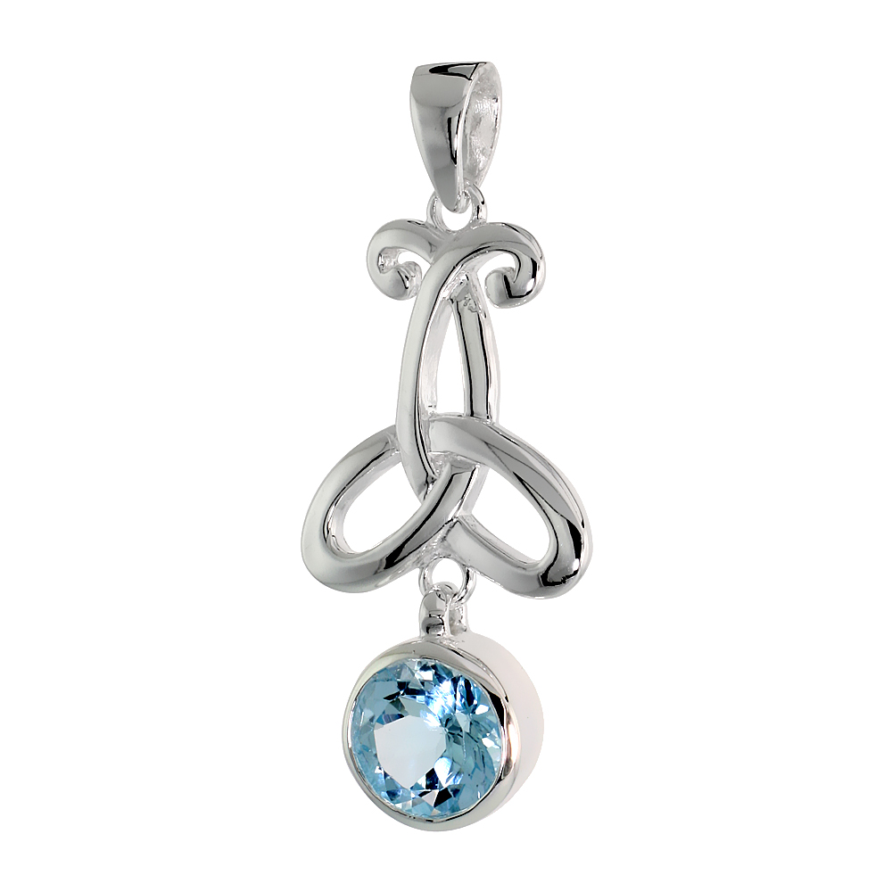 Sterling Silver Genuine Blue Topaz Triquetra Pendant Celtic Trinity Knot, 1 1/2 inch long