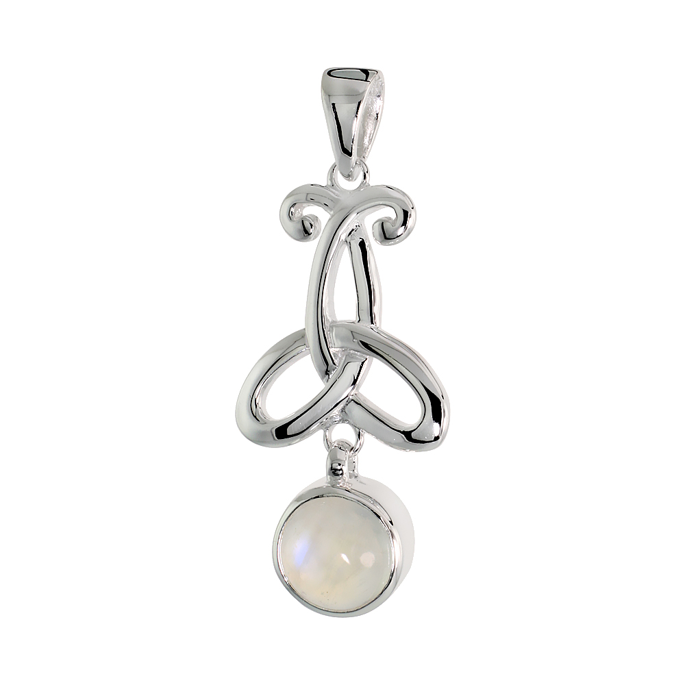 Sterling Silver Genuine Moonstone Triquetra Pendant Celtic Trinity Knot, 1 1/2 inch long