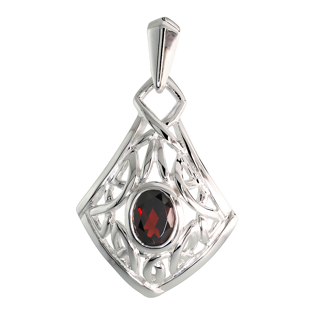 STERLING SILVER GENUINE GARNET CELTIC QUATERNARY KNOT PENDANT, 1 1/4 INCH LONG