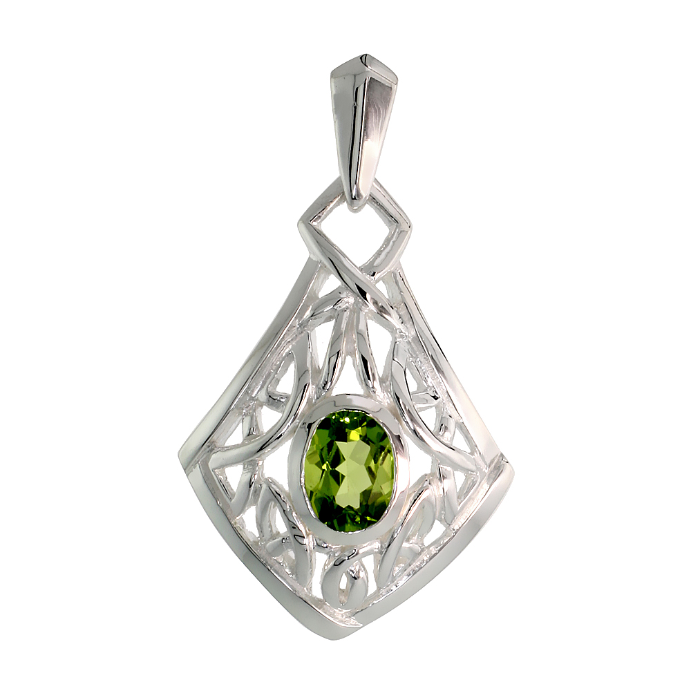 STERLING SILVER GENUINE PERIDOT CELTIC QUATERNARY KNOT PENDANT, 1 1/4 INCH LONG