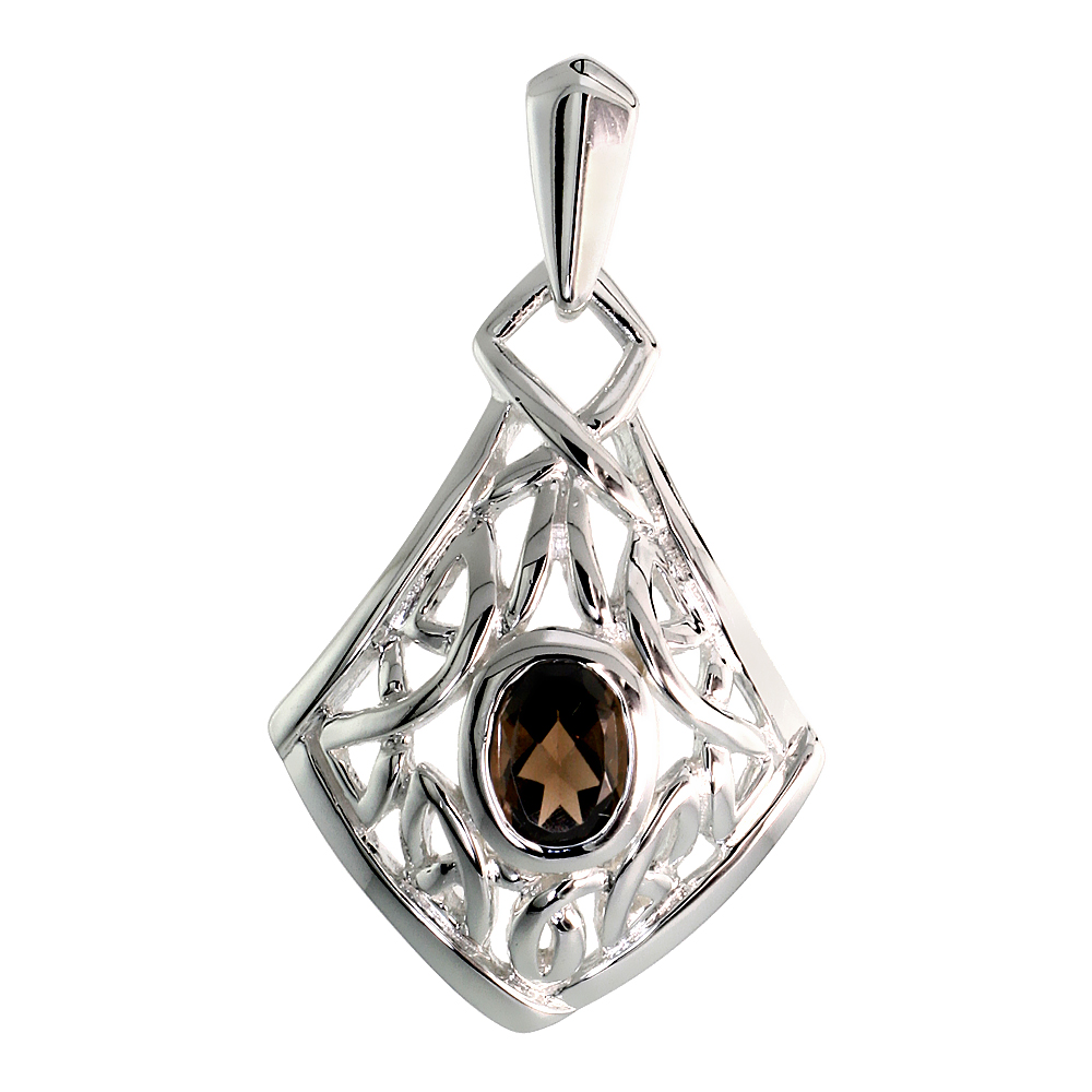 STERLING SILVER GENUINE SMOKY TOPAZ CELTIC QUATERNARY KNOT PENDANT, 1 1/4 INCH LONG