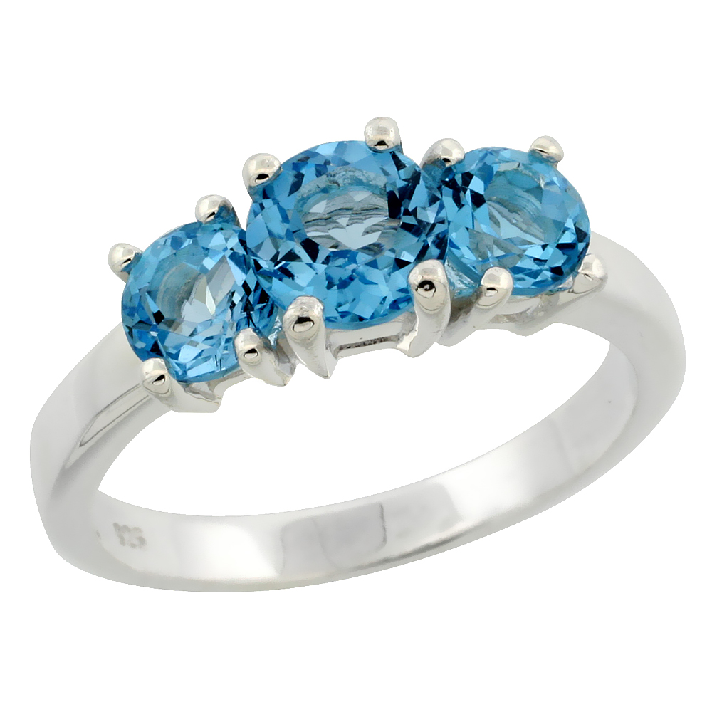 STERLING SILVER BLUE TOPAZ 3-STONE RING 2 CTTW 1/4 INCH WIDE, SIZES 6 - 10