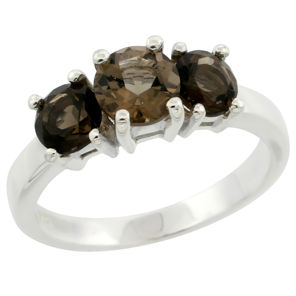 STERLING SILVER SMOKY TOPAZ 3-STONE RING WITH NATURAL SMOKY TOPAZ 2 CTTW 1/4 INCH WIDE, SIZES 6 - 10