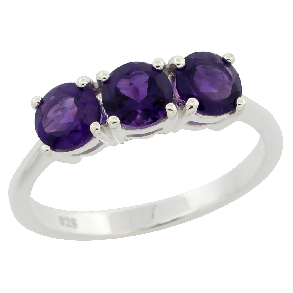 STERLING SILVER 5MM AMETHYST 3-STONE RING 2 CTTW 3/16 INCH WIDE, SIZES 6 - 10