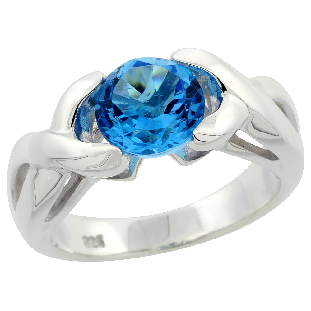 STERLING SILVER BLUE TOPAZ HUGS & KISSES RING 2.5 CT 5/16 INCH WIDE, SIZES 6 - 10
