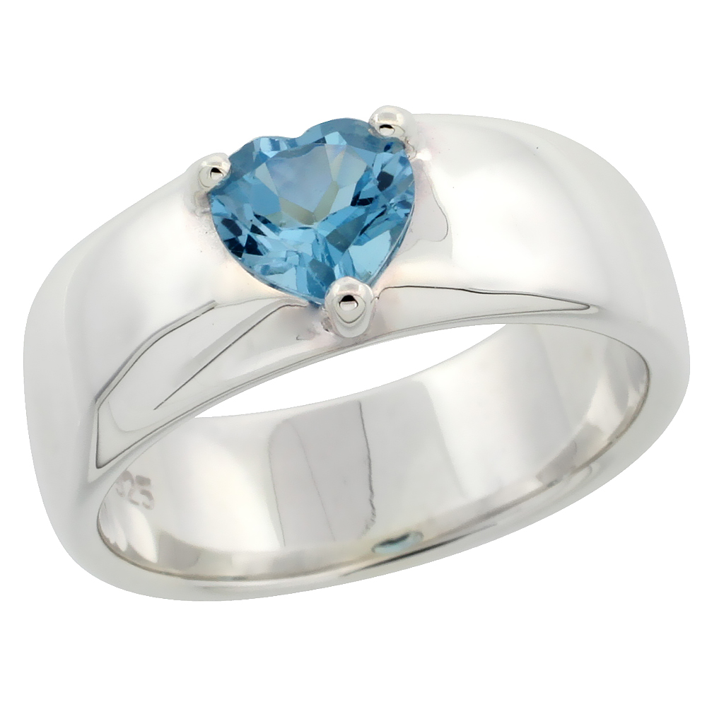 STERLING SILVER BLUE TOPAZ 1 CT HEART RING BAND 1/4 INCH WIDE, SIZES 6 - 10