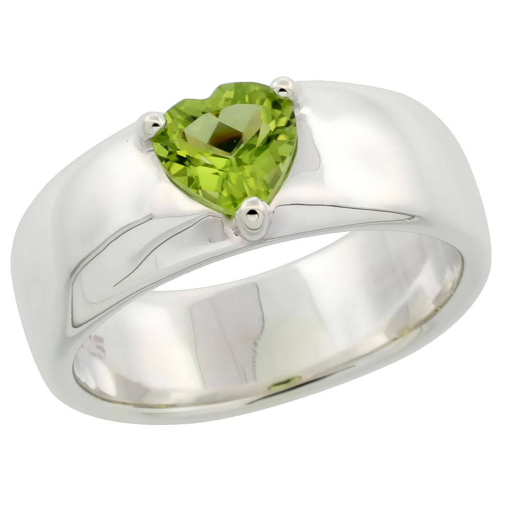 STERLING SILVER PERIDOT 3/4 CT HEART RING BAND 1/4 INCH WIDE, SIZES 6 - 10