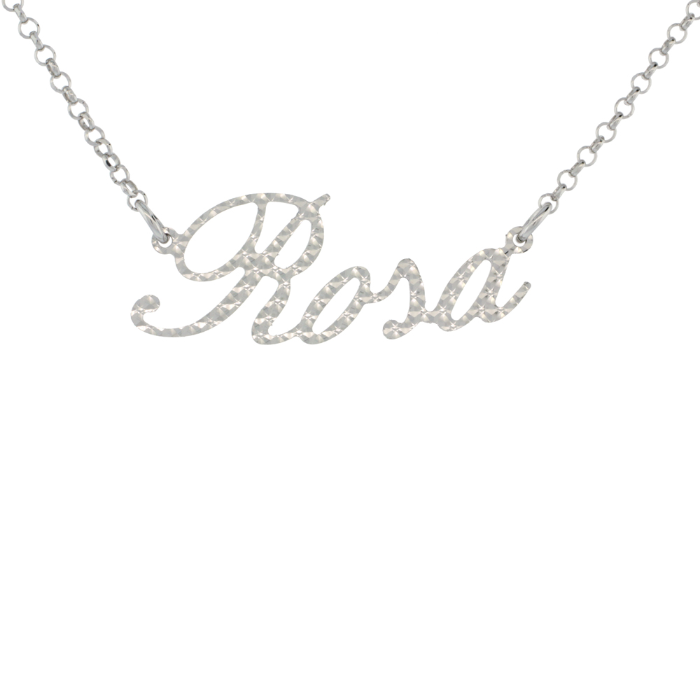 About 3/4 Inch Wide 16 Inches Sterling Silver Name Necklace Olivia Diamond Cut Platinum Coated Italy 2 inch Extension 