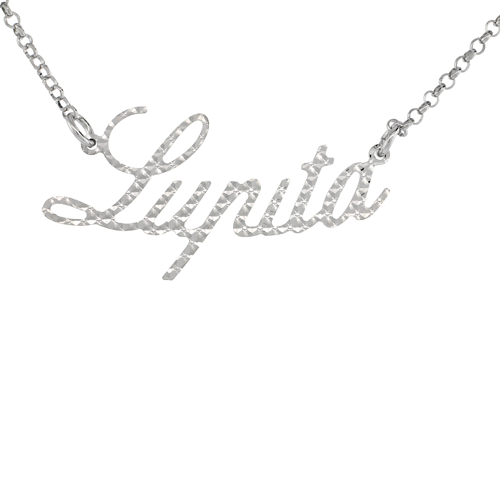 Sterling Silver Name Necklace Lupita Diamond Cut Platinum Coated Italy, about 3/4 Inch wide 16 inches + 2 inch extension