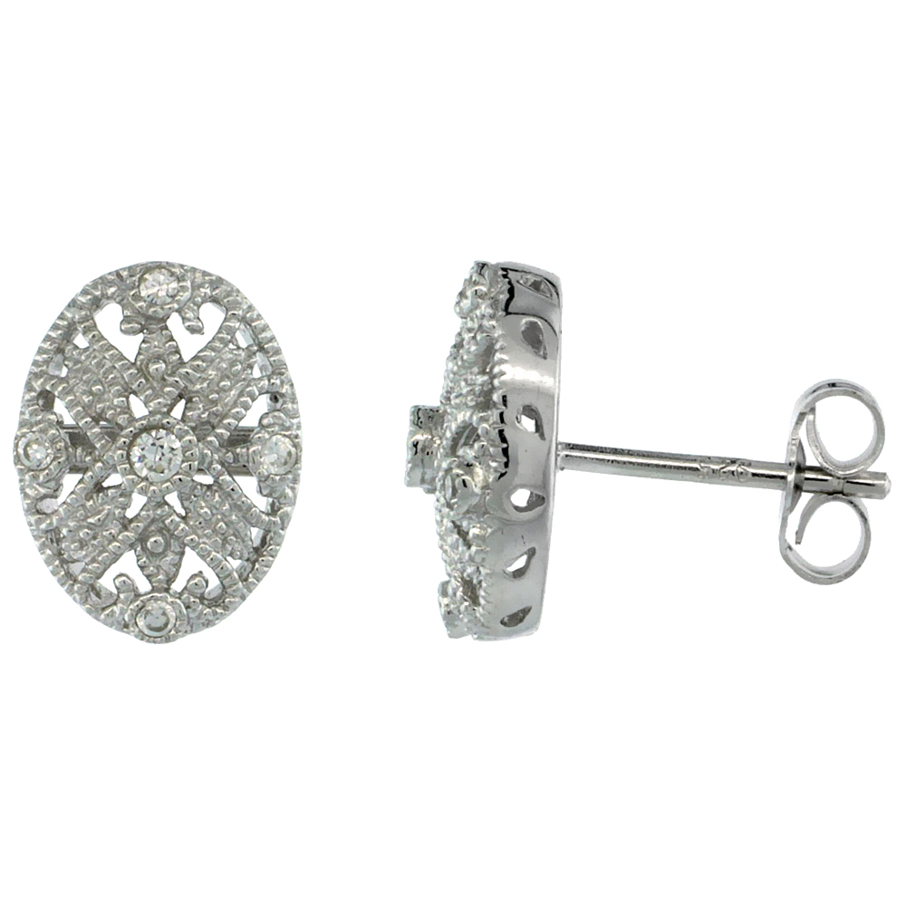 Sterling Silver Floral Oval Post Earrings w/ Brilliant Cut CZ Stones, 1/2 in. (13 mm) tall