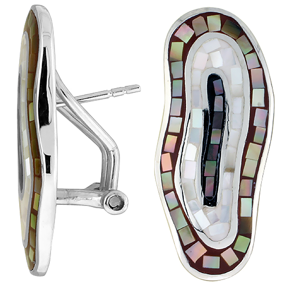 Sterling Silver Natural Shell Mosaic Elongated Earrings Omega Back, 9/16 inch wide
