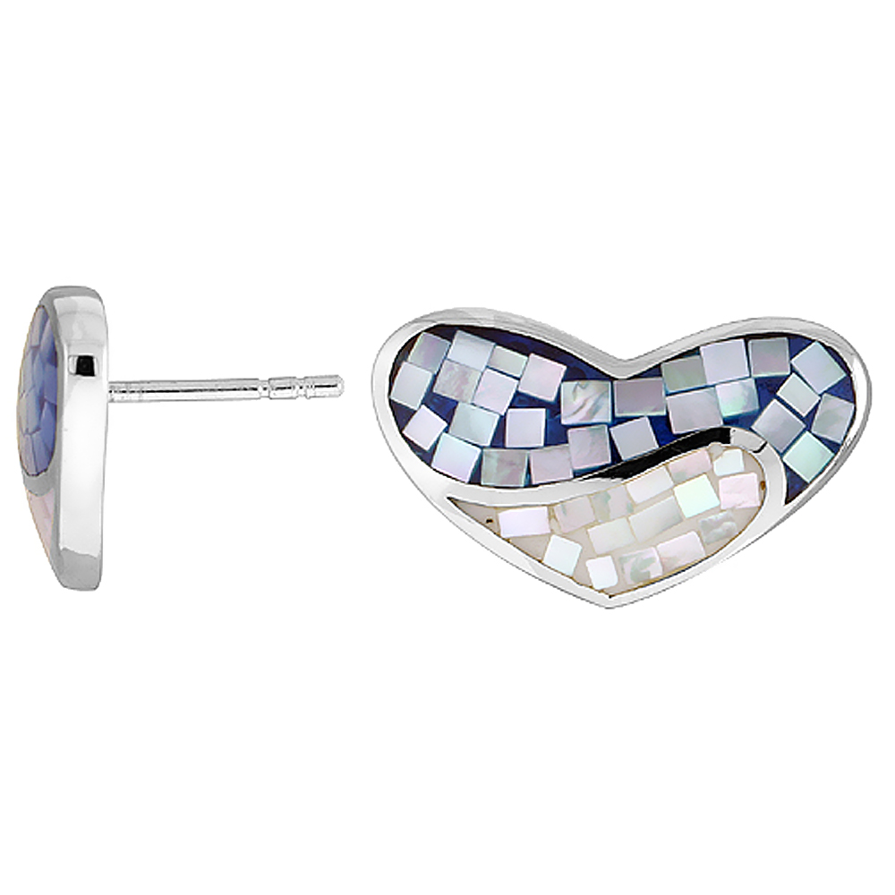 Sterling Silver Natural Shell Mosaic Heart Earrings Blue and White, 13/16 inch wide