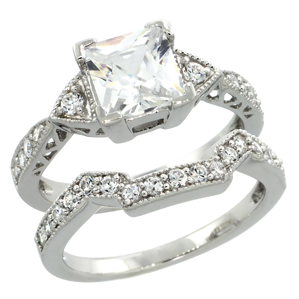 Sterling Silver Vintage Style 2-Pc. Square Engagement Ring Set w/ Princess (7 mm) &amp; Brilliant Cut CZ Stones, 5/16 in. (7.5 mm) w