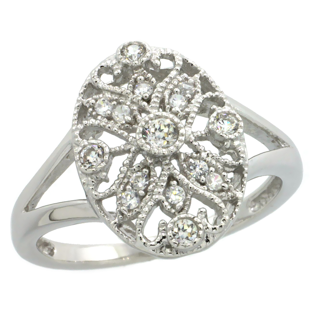 Sterling Silver Filigree Oval Ring w/ Brilliant Cut CZ Stones, 9/16 in. (15 mm) wide